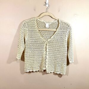 Vintage Norm Thompson Womens Crochet Cardigan M Beige Y2K Boho Festival Fairy